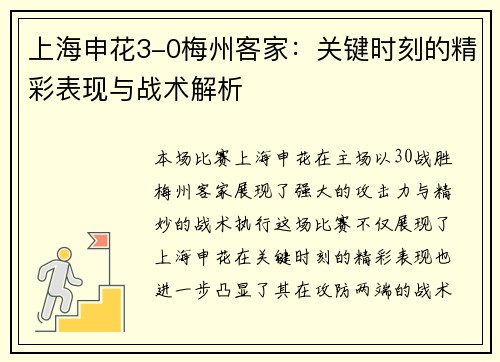 上海申花3-0梅州客家：关键时刻的精彩表现与战术解析
